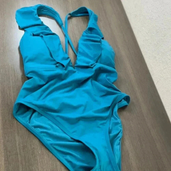 SHADE & SHORE - WOMEN'S ONE-PIECE TEAL CHEEKY SWIMSUIT RUFFLES STRAPS L (12-14) - Picture 7 of 14